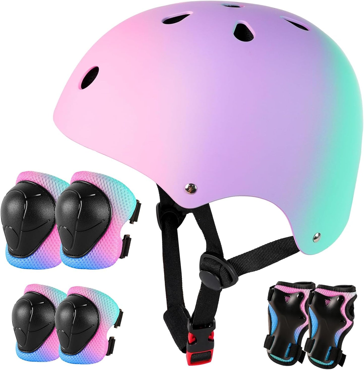 Adjustable Kids Bike Helmet with Knee Pads Elbow Pads Wrist Guards for Age 3-5-8-14+ Youth/Teens,Ventilation Multi-Sport Scooter Roller Skate Rollerblading Skateboarding Climbing Cycling