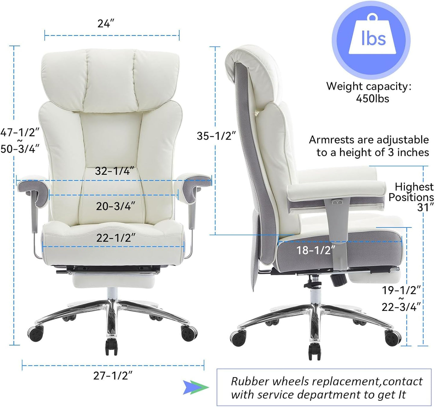 Efomao Big and Tall Office Chair 450LBS with Foot Rest, High Back PU Leather Executive Office Chair with Adjustable Padded Armrests, Lumbar Support for Home or Work, Heavy Duty Computer Chair, White