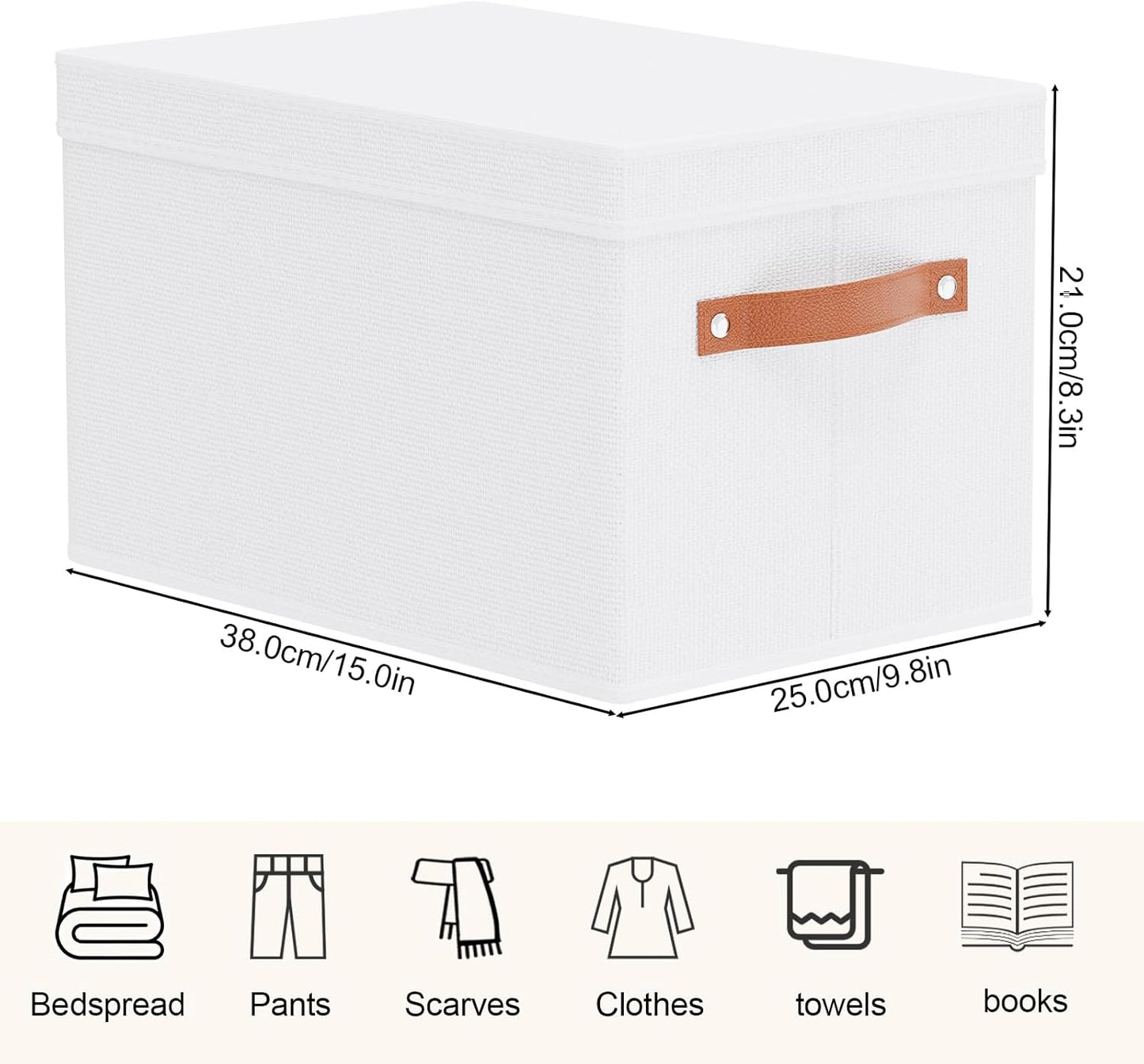 Fabric Storage Bins, Clothes Boxes for Shelves with Lids, Baskets for Organizing with Handles, Decorative Linen Closet Organizers, White, 5 Pack, 15 x 9.8 x 8.3 Inch
