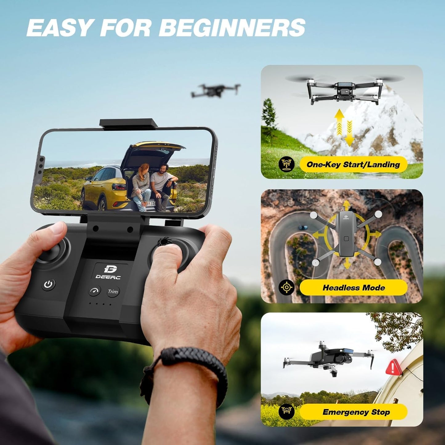 DEERC Drone with Camera 1080P, D20S FPV Mini Drones for Kids Adults Beginner; Foldable RC Quadcopter with Brushless Motor, 2 Batteries, Altitude Hold, Optical Flow, 3D Flips, Toy Gifts for Boys Girls