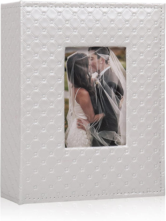 RECUTMS 200 Pocket Photo Album 4x6 Small PU Leather Cover Wedding Family Baby Anniversary Graduation Travel Personalized Photo Book (White)