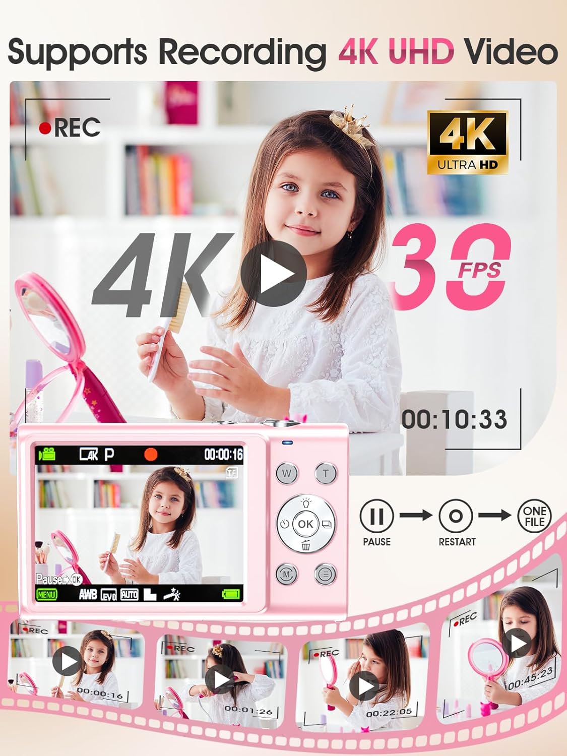 Digital Camera,Autofocus 4K Vlogging Camera for Photography with 32GB Card,48MP Portable Compact Point and Shoot Digital Camera for Teens Adult Beginner with 16X Zoom,Anti-Shake,2 Batteries(Pink)