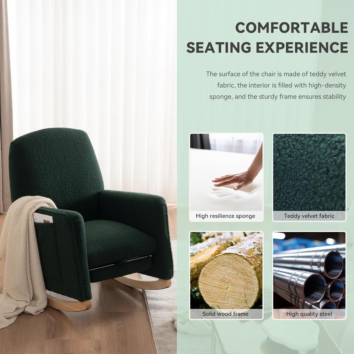 FOXHUNTER Rocking Chair Nursery with Adjustable Footrest and High Backrest, Upholstered Glider Chairs with Side Pockets for Nursery, Rocker Armchair Indoor for Living Room,Green