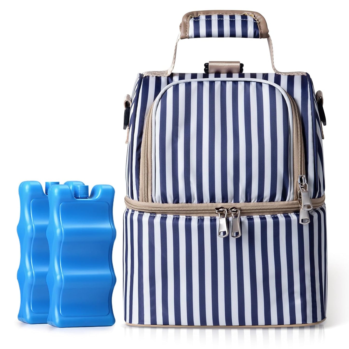 NCVI Breastmilk Cooler Bag with 2 Ice Pack, Breast Pump Bag with Cooler Fits 6 Bottles, Double Layer Breast Milk Baby Bottle Cooler Bag, for Travel, Nursing Mom Daycare, Work, Picnic (Stripe)