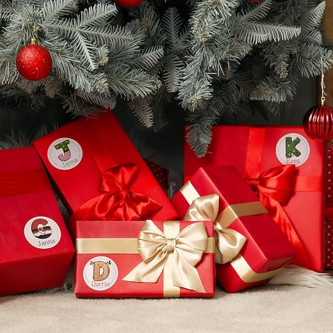 Personalized Christmas Name Stickers Xmas Decorations Initial Gift Stickers | 4 Initial Design | Custom Waterproof Cute Labels for Gift Box, Party Decorations, Envelopes | 30 Pcs ﻿