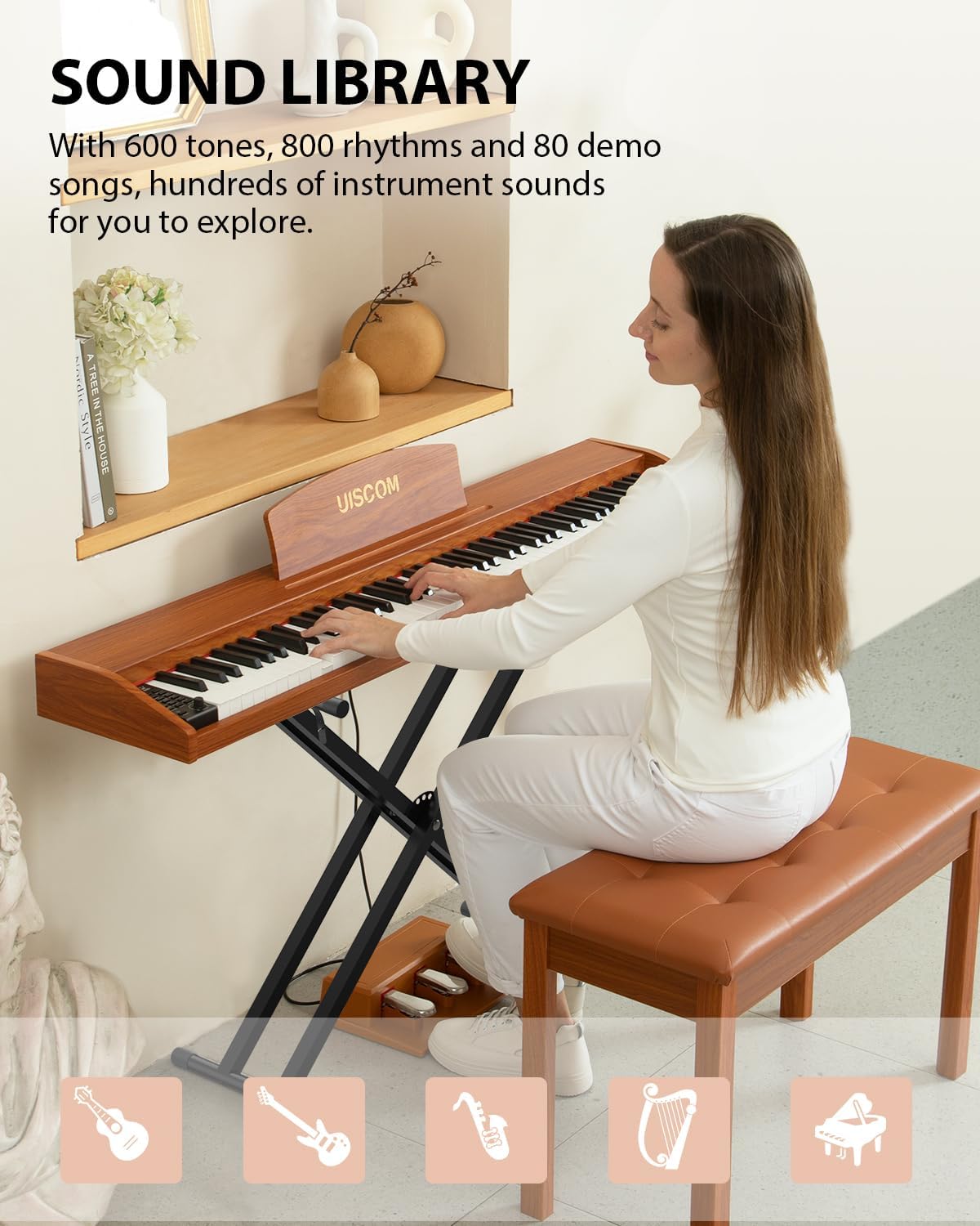 88 Key Digital Piano Keyboard for Beginners - Full Size Semi Weighted Wooden Electric Piano Set with Stand, Triple Pedal, Headphone,Carry Bag - Supports USB-MIDI Connecting (Wood Grain Brown)