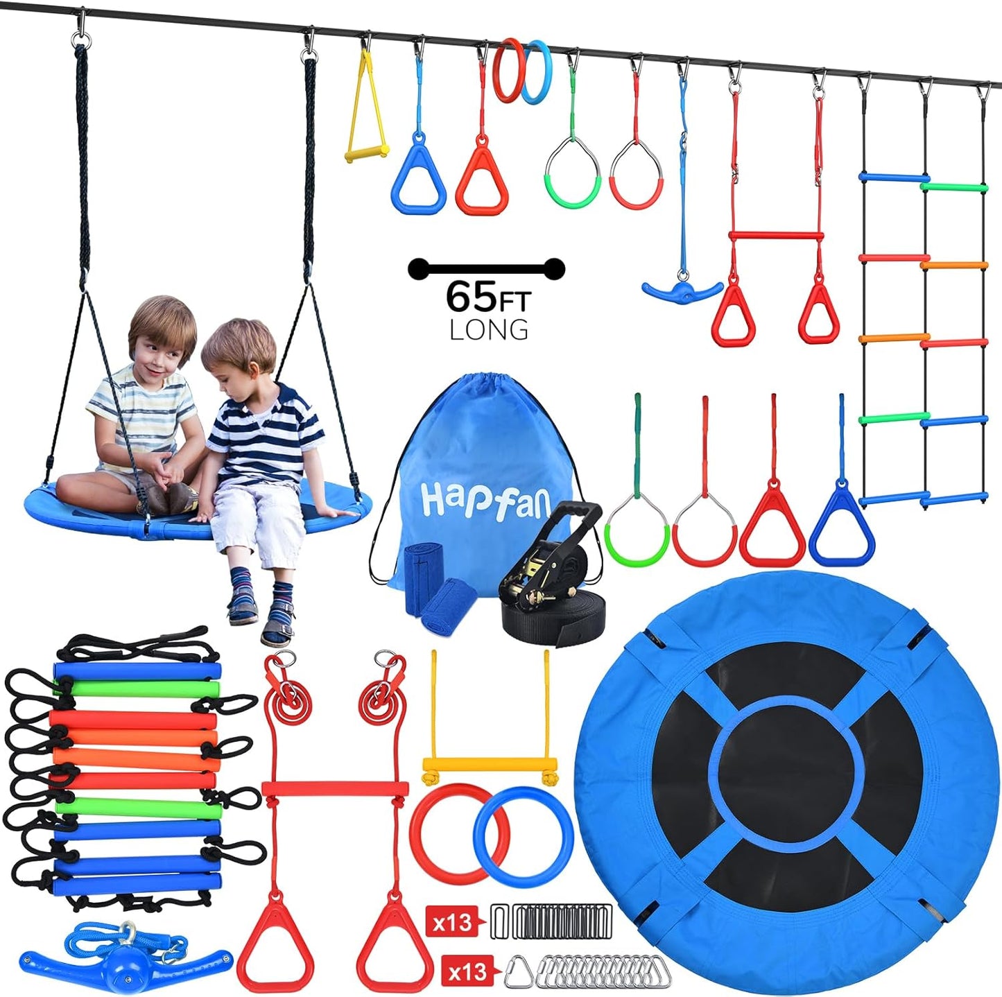 Hapfan 65 ft Ninja Warrior Obstacle Course for Kids with Swing, Ninja Rope Course with 11 Obstacles for Backyard Outside, Tree Slackline Jungle Gym Outdoor