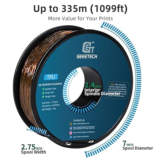Geeetech TPU Filament 1.75mm, Shore 95A – Flexible 3D Printer Filament with High Elasticity, 1KG (2.2lbs) Spool, Dimensional Accuracy ±0.03mm, Fits Most FDM Printers (Clear Brown)