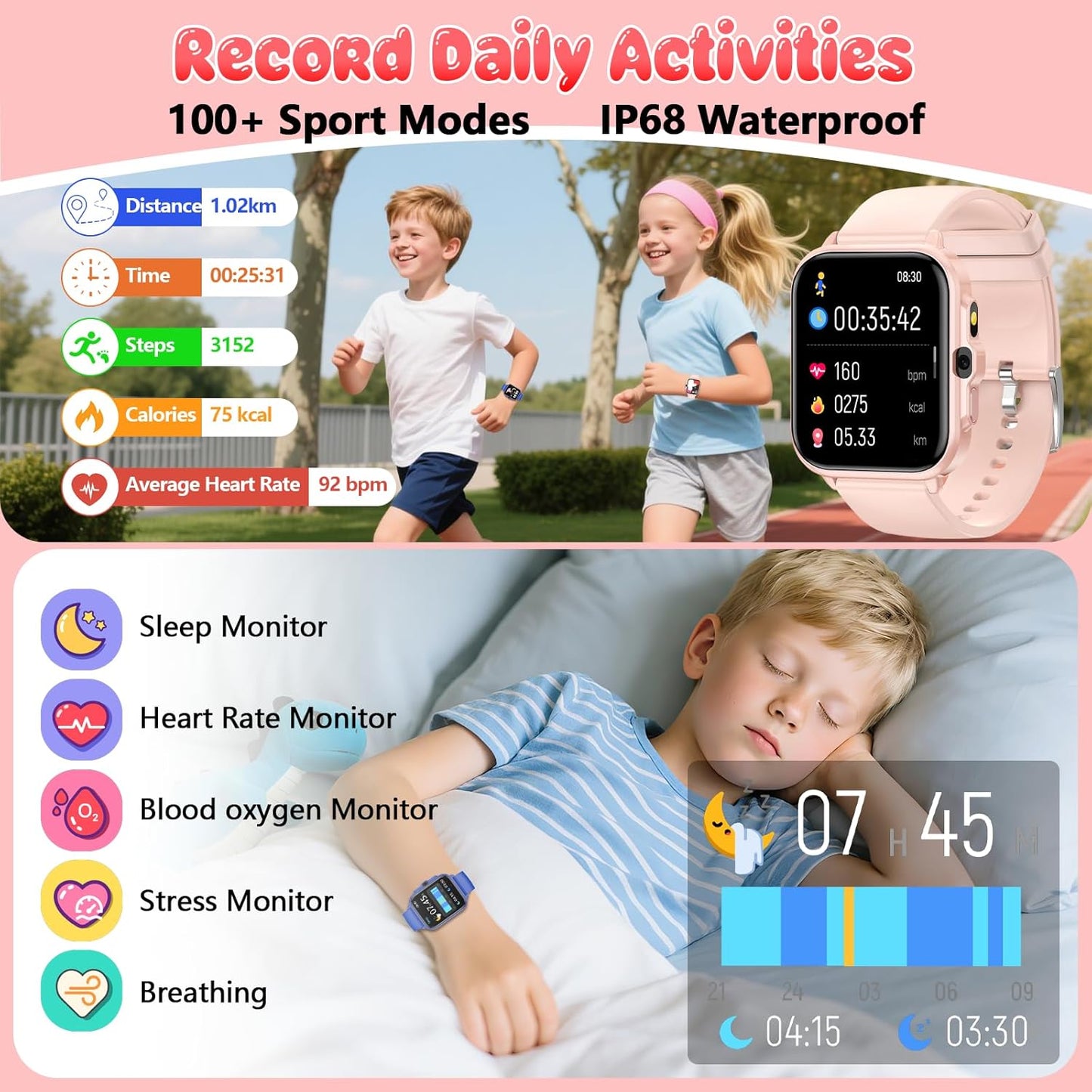 Smart Watch for Kids, 1.85" Fitness Tracker Pedometer Watch, Health, Sleep Monitor, Puzzle Games, Alarm Clock, Camera, Music Player, Torchlight, Activity, Gift Toys for 4 - 13 Years Old Boys and Girls