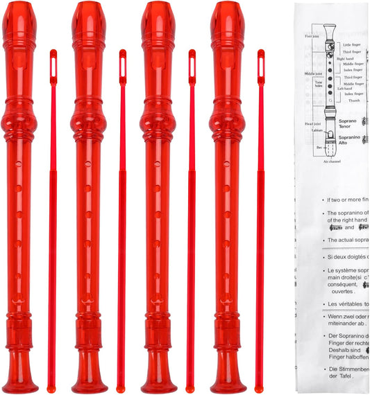 SANNIX 4 Pack 8 Hole Plastic Soprano Descant Recorder With Cleaning Rod, Instruction and Storage Bag, German Style (Clear Red)