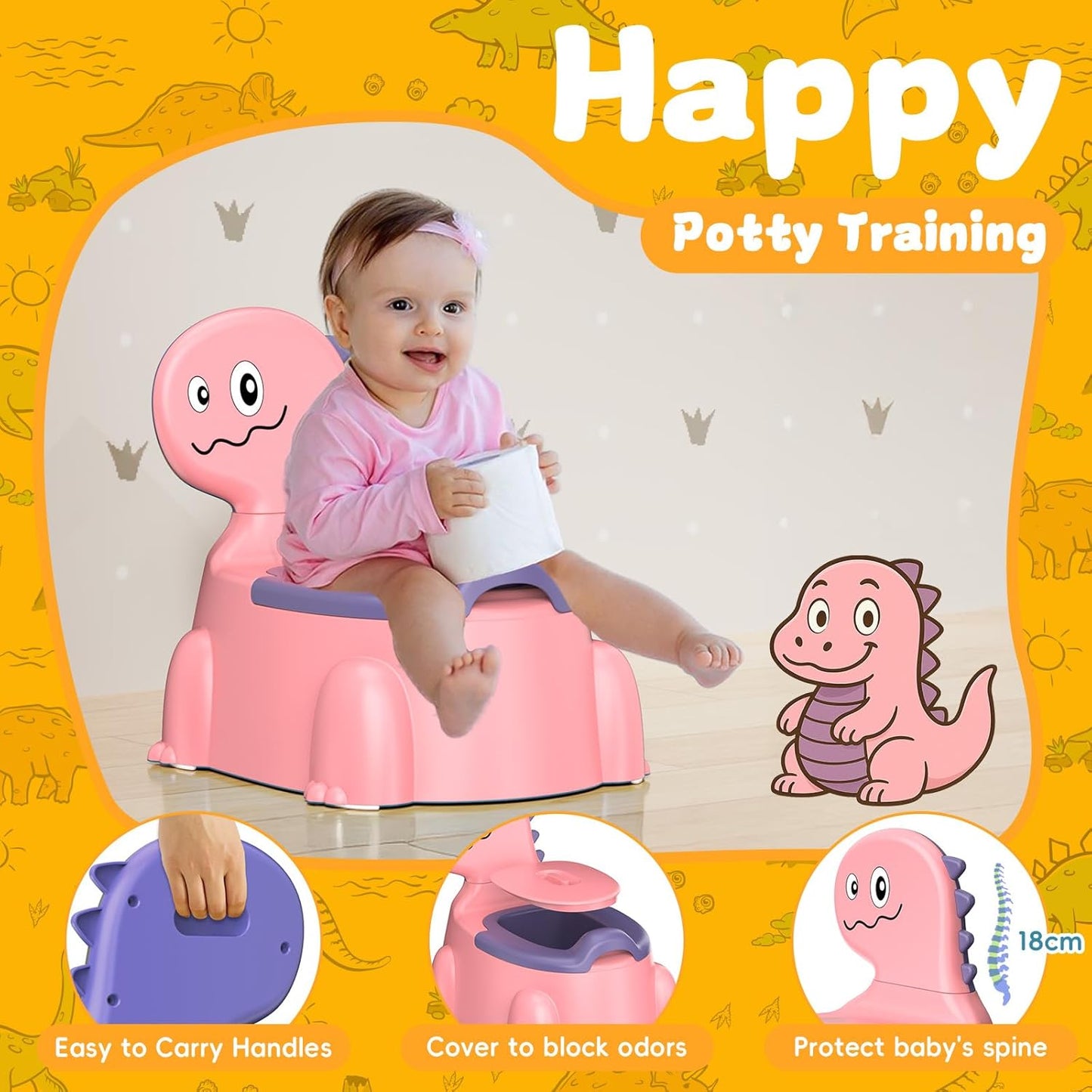 Potty Training Toilet Toddler Potty Chair Kids Boys Girls Dinosaur Animal Comfortable Potties Training Seat for Childrens Ages 1-3 Portable Baby Toilets with Lid Back Easy to Clean Potty Trainer, Pink