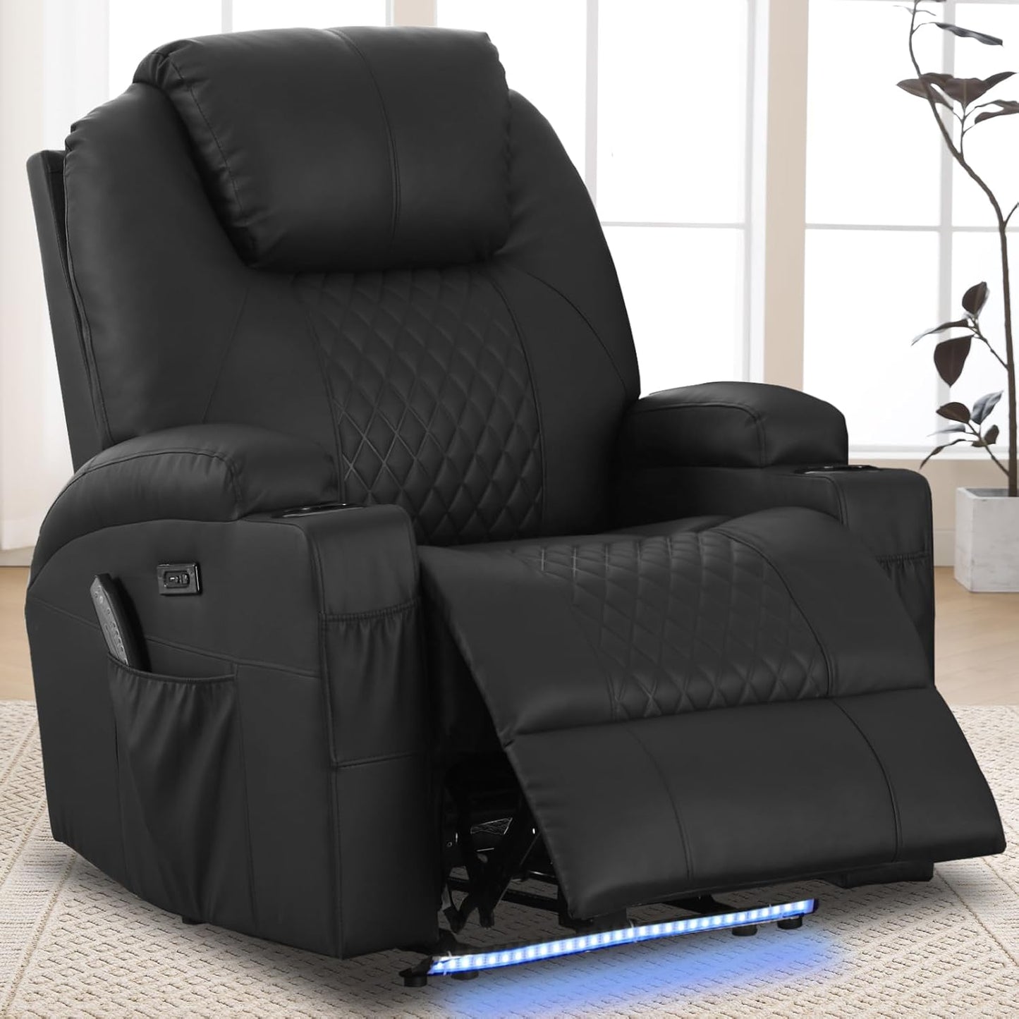 Power Recliner Chair with Heat and Massage for Adults - Home Theater Seating with LED Lights,Cup Holders,Side Pocket,USB Port - Recliner Sofa for Living Room(Black, Single Recliner)