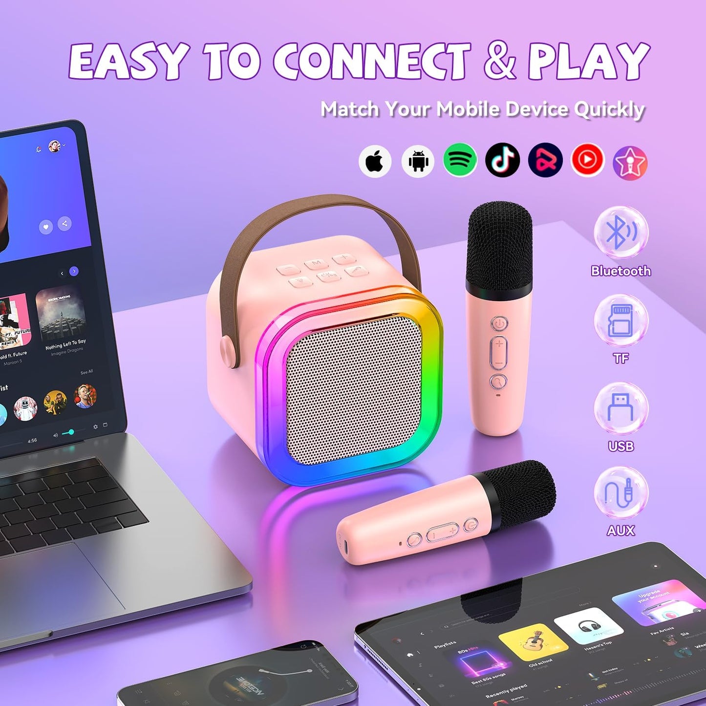 Mini Karaoke Machine for Kids Girls Boys - Birthday Gifts for Ages 4 5 6 7 8+ Year Old - 2025 New est - Portable Bluetooth Speaker with 2 Wireless Microphone - Kids' Instrument Accessories - Pink
