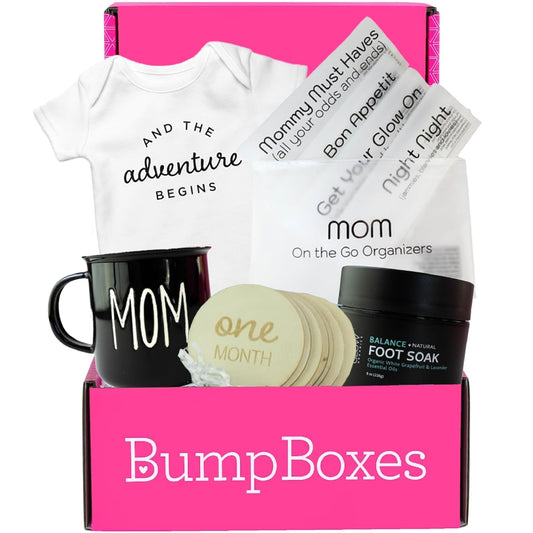 Bump Boxes 3rd Trimester & Postpartum Gift Set for New Moms with Milestone Disc, Baby Onesie, Travel Bags, Ceramic Mug, Organic Foot Soak, Gift for Mother to Be