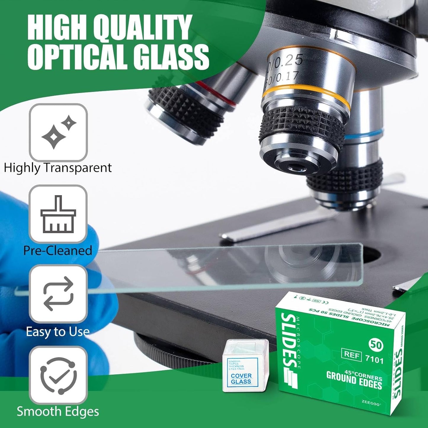 Microscope Slides, Pre-Cleaned Ultra-Clear Blank Microscope Slides and Covers – 50 Slides, 100 Coverslips, 45° Ground Edged Optical Glass Slides for Microscope, Perfect for Classroom & Lab Use