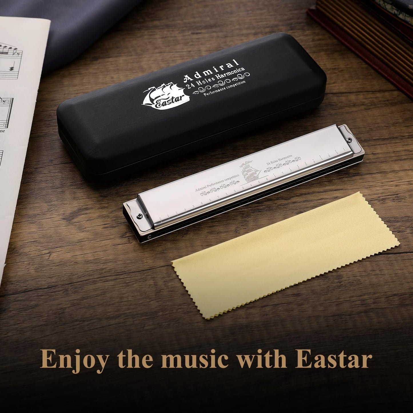 Eastar Admiral 24 Holes Harmonica, Key of C Tremolo for Beginners Adults Kids, Performance Competition Mouth Organ with Hard Case and Cloth, Silver
