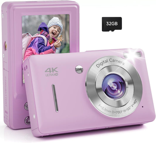 Digital Camera, 44MP FHD 1080P, 16X Zoom, 32GB SD Card, Compact Camera for Kids Teens Adults, Purple