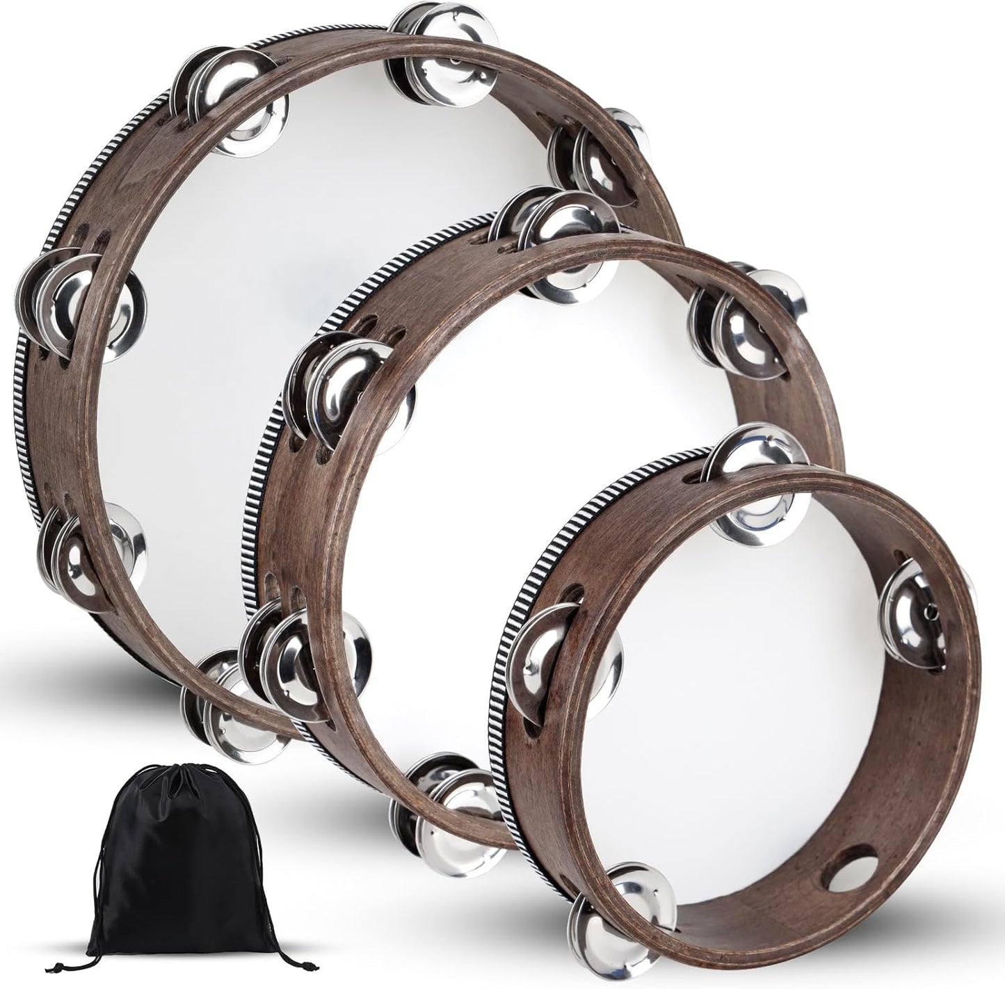 Wooden Hand Held Percussion Tambourine with Storage Bag - 6+8+10 Inches, Ideal for Church, Wedding, Party, Dance, Photo Shoot