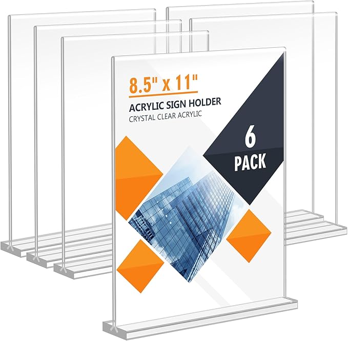Acrylic Sign Holder 8.5 x 11, Double Sided Sign Holder Stand, Plastic 6 Pack Table Paper Stand, Vertical Menu Flyer Stand, T Shape Table Flyer Holder