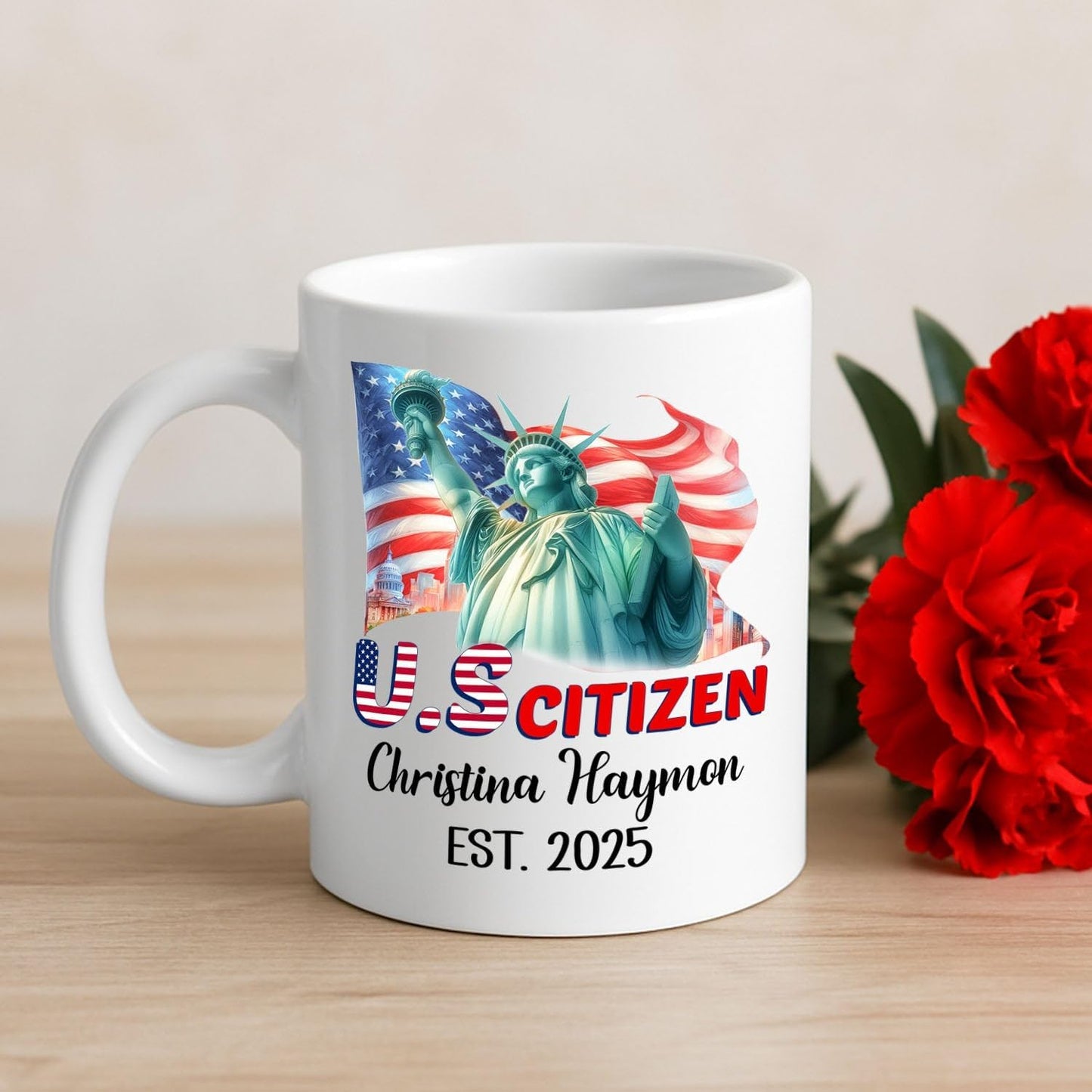 Personalized Coffee Mug Gift For US Citizen Girlfriend Boyfriend, Citizenship Celebration Gnome Ceramic Coffee Cup, Customized Year & Name American Citizen White Teacup, New US Citizenship Travel Mug