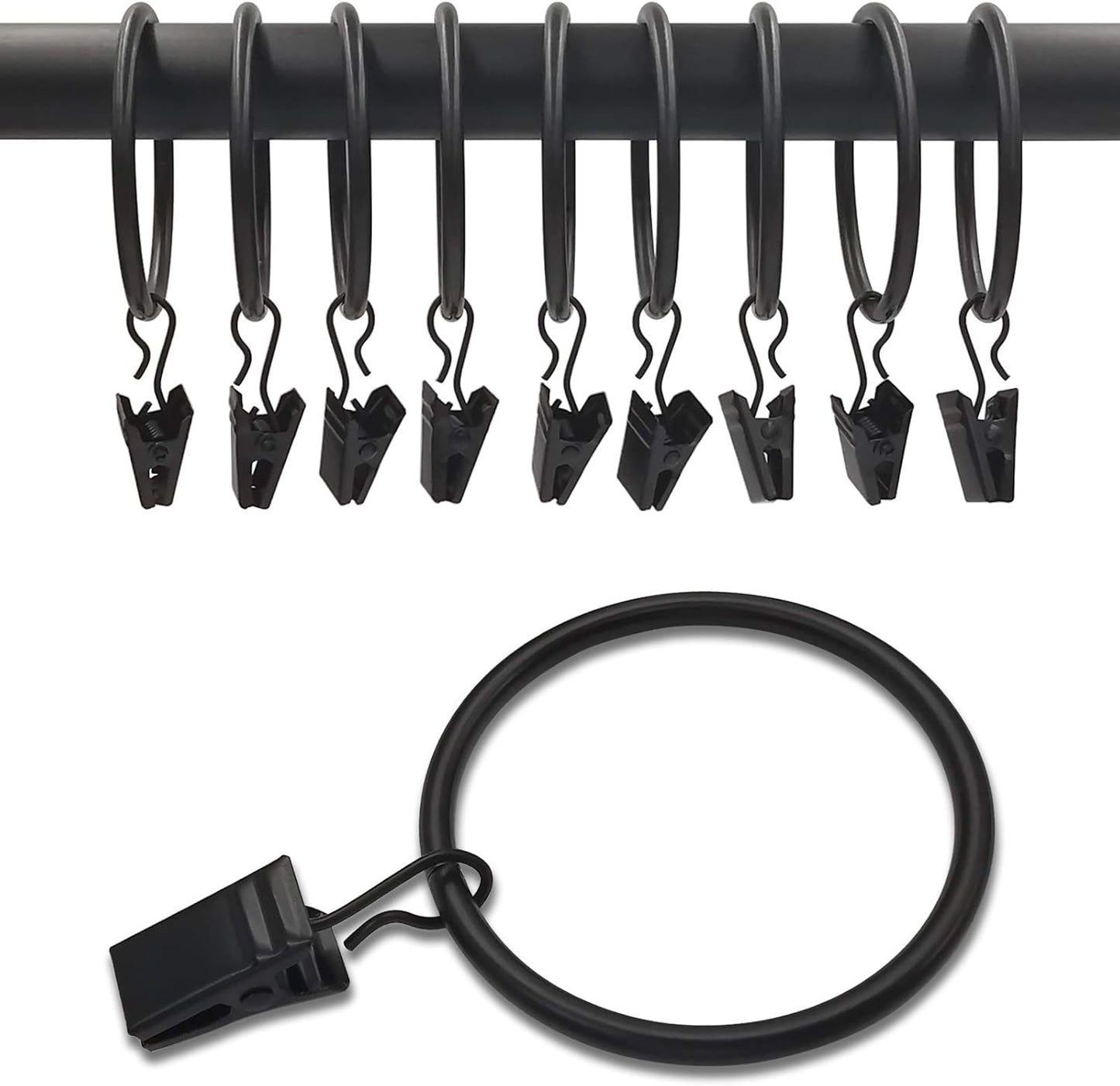 40 Pack Black Curtain Rings with Clips, Curtain Hooks Hangers Clip Rings for Hanging Drapes Bows Hat, Drapery Rings 1.77 in I D, Fits up to 1.5 in Diameter Curtain Rod.