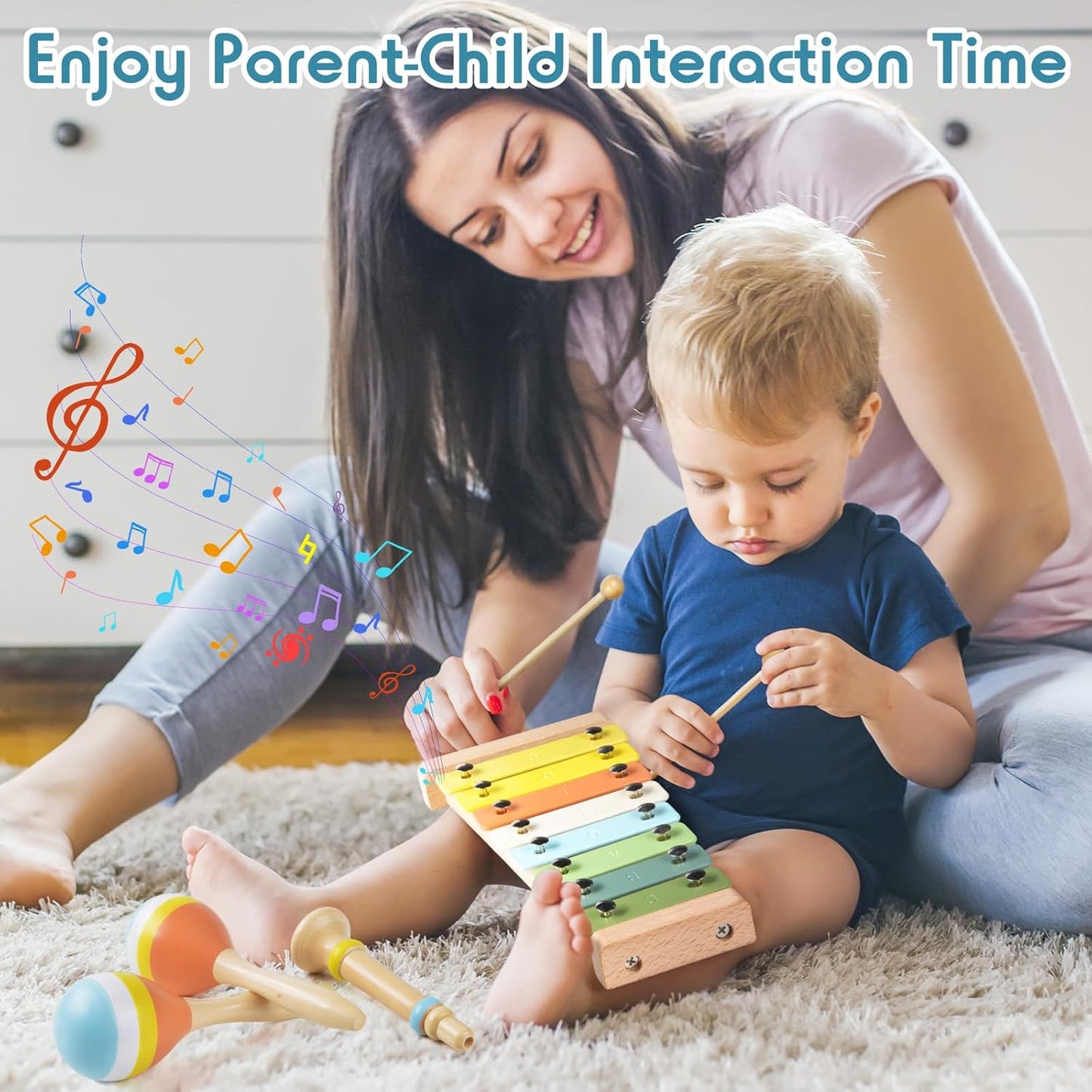 Toddler Musical Instruments Set, Wooden Montessori Toys for 1 2 3 Year Old Boys Girls, Baby Musical Toys with Storage Bag for Early Learning, Christmas Birthday Gift for Kids Preschool Educational