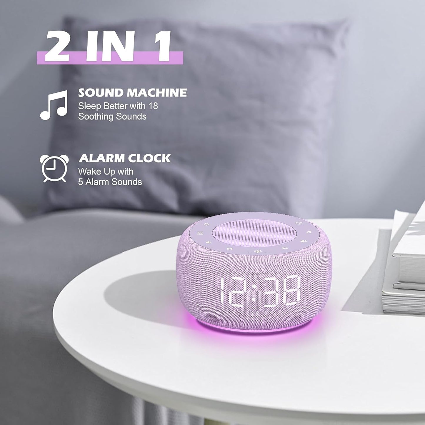 Buffbee Sound Machine & Alarm Clock 2-in-1, 0-100% Clock Face Brightness, Bottom Colored Light, Sleep Timer, Precise 30-Level Volume White Noise Machine, Digital Alarm Clocks for Bedrooms - Purple