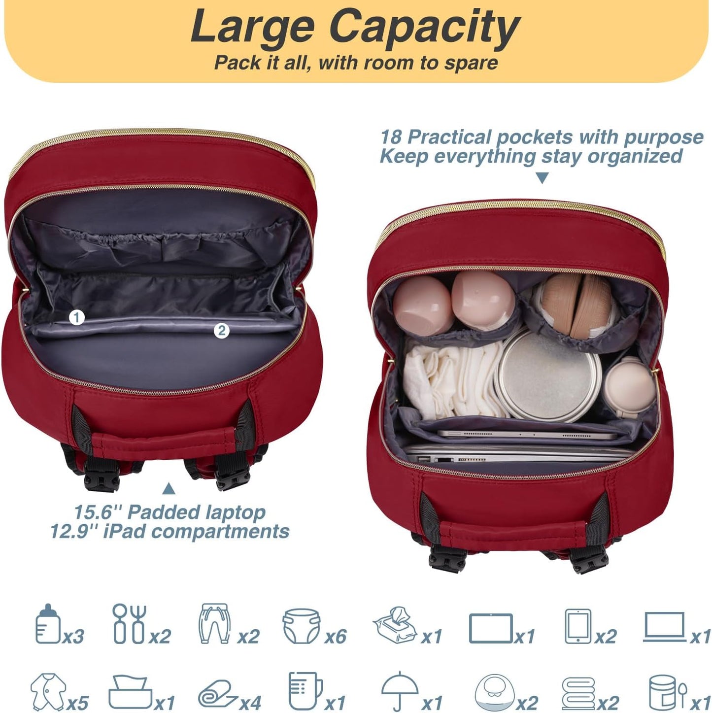 MOMUVO Diaper Backpack for Women Large Capacity with Insulated Pockets Diaper Bags For Baby,Burgundy