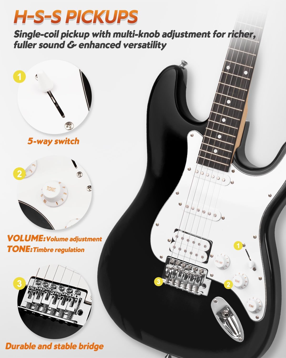 STRICH Electric Guitar Beginner Kit, Solid Body 39" Full Size Electric Guitar HSS Pick Up for Starter, with 10W Amp, Bag, Digital Tuner, Capo, Strap, String,Cable, Picks, SST-S20 Black