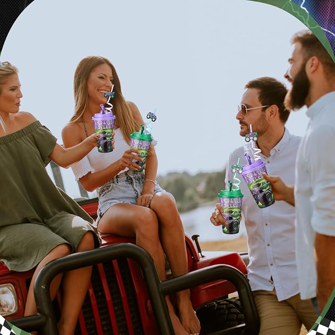 Yungyan 36 Sets Green Purple Monster Truck Party Favors Goodie Cups with Lids and Straws for Halloween Party Decorations Reusable 16oz Plastic Candy Cups Plastic Straws for Birthday Gift(Truck)