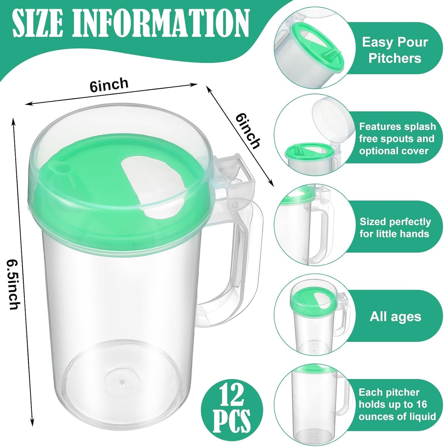 Newtay 12 Pack Early Learning Kids Easy Pouring Mini Pitchers Clear Plastic Pitcher with Lid and Handle Easy Pour Bottles 16 Oz. Jugs with Lids for Classroom Nursery Home (Light Green)