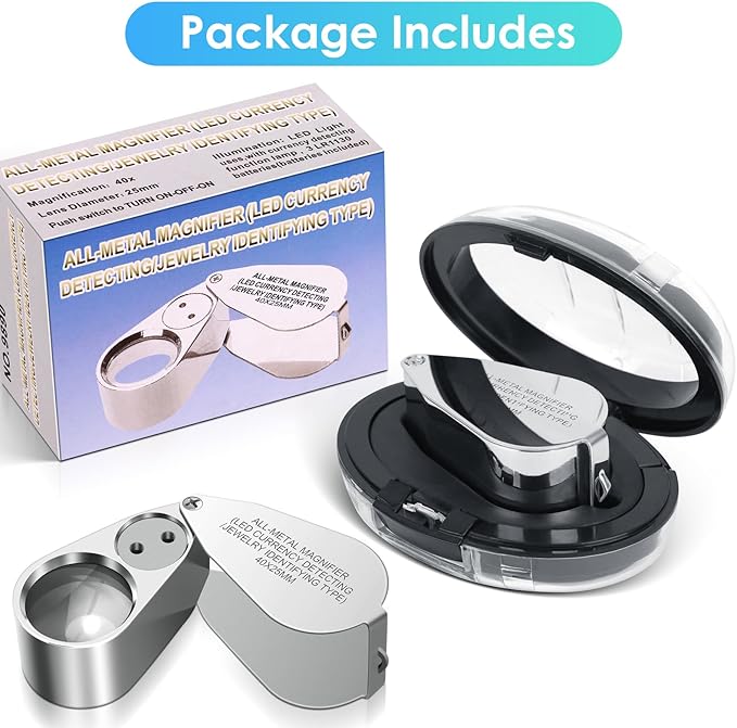 Leffis 2 Pack 40X Jewelers Loupe Magnifier Magnifying Glasses, LED/UV Illuminated Jewelry Loop Pocket Folding Magnifying Glass with Metal Construction for Jewelry, Stamp, Rock Collecting