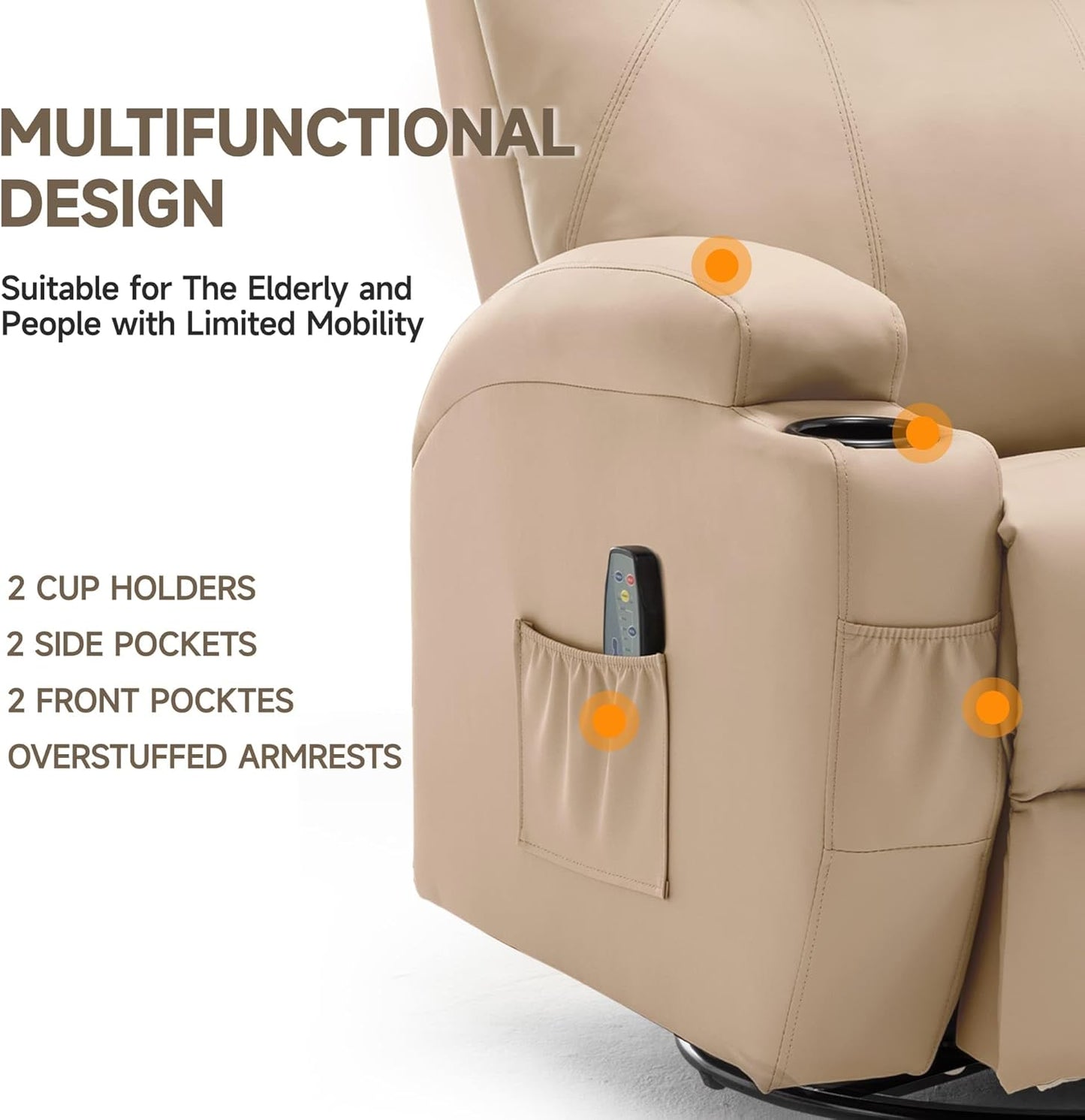 Recliner Chair, Rocking Chair with Massage and Heat, 360° Swivel Recliner Chairs for Adults, Rocker Manual Recliner with Remote Control and Cup Holder for Living Room, Bedroom, Nursery