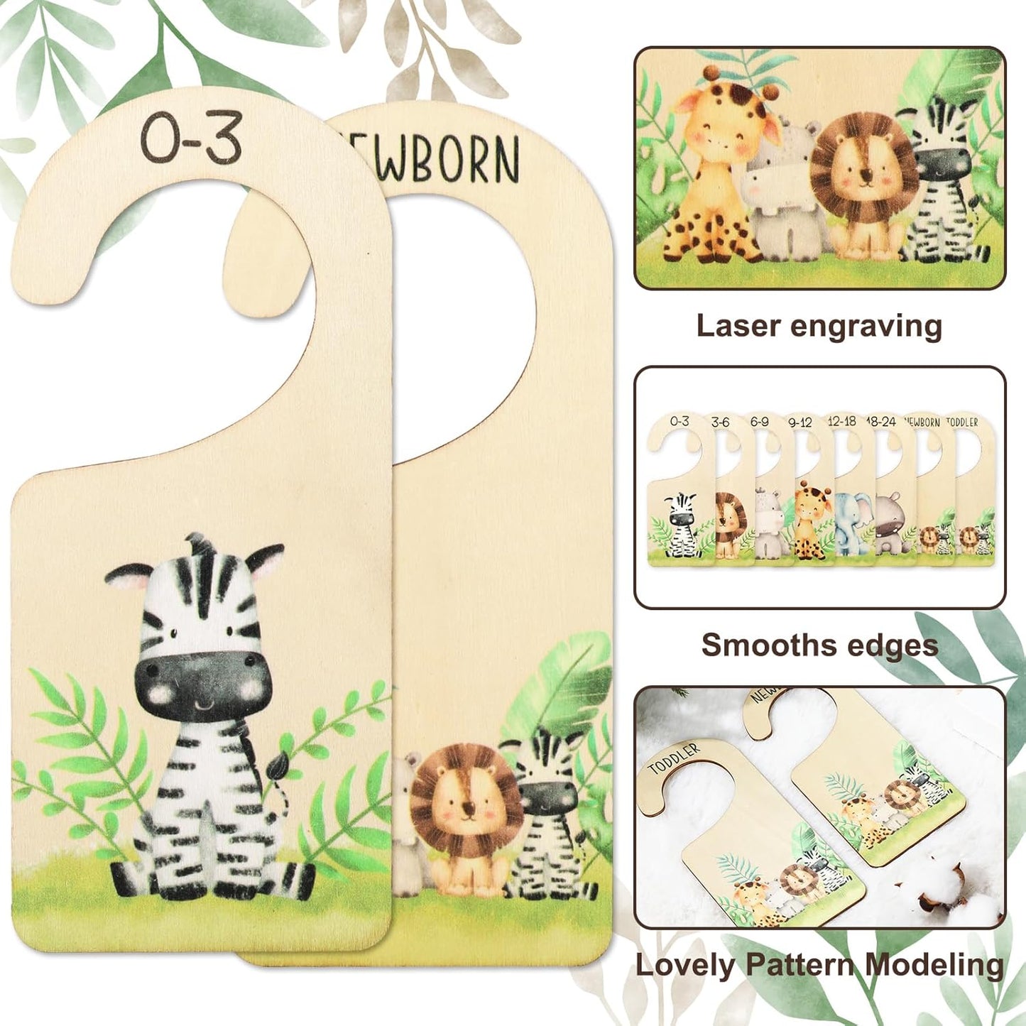 Whaline 8Pcs Baby Closet Size Dividers Watercolor Safari Animals Hanging Wooden Baby Closet Organizer Newborn to 24 Months Thicken Baby Wardrobe Organizer