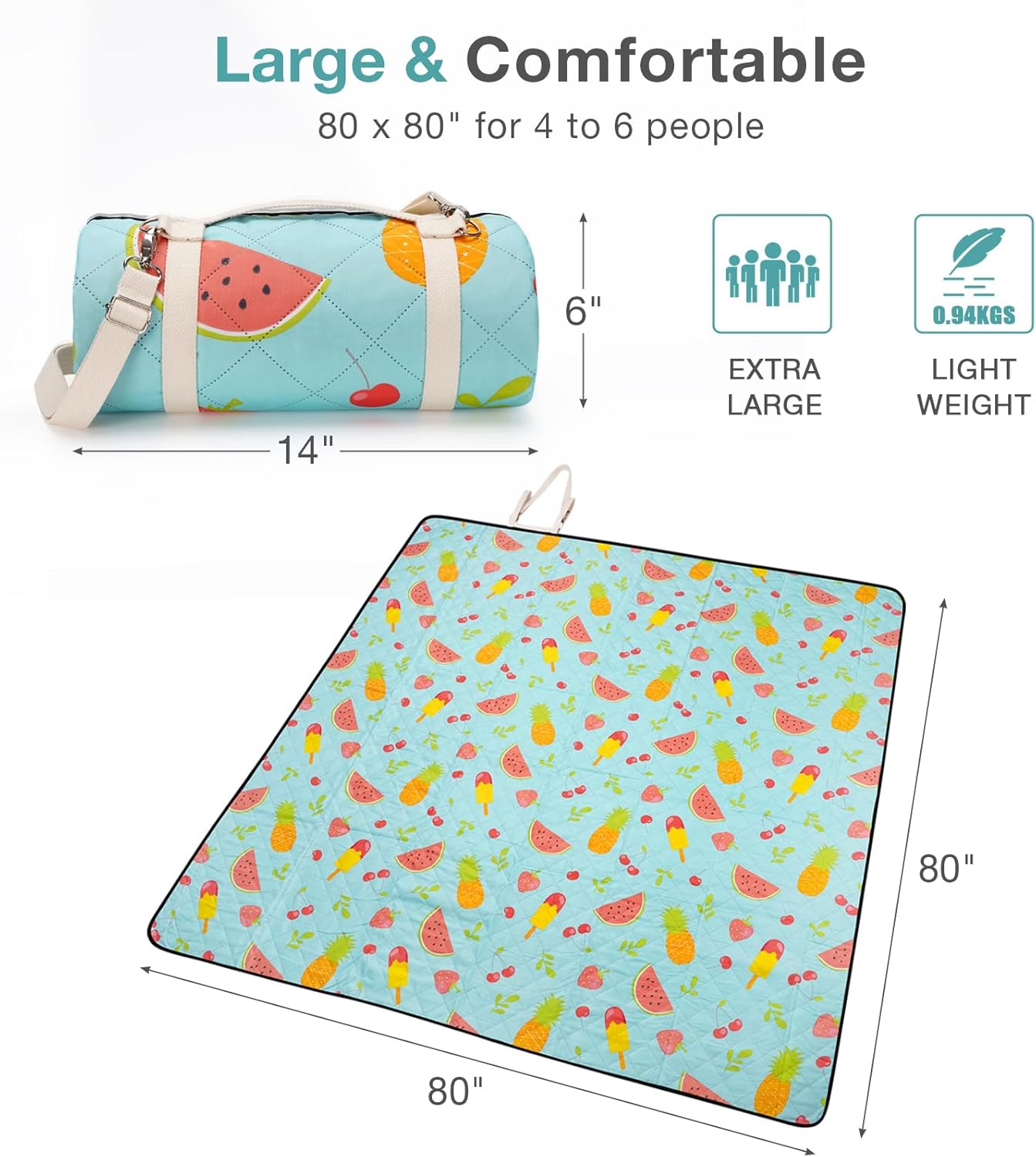 Picnic Blanket Extra Large 79" x 79", Washable Picnic Blankets, Camping Blanket with Portable Handle & Shoulder Strap - SummerFruits