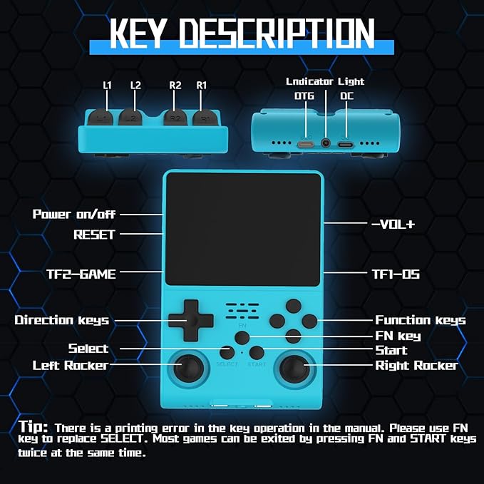 FVBADE[30000 in 1] R40S PRO Handheld Game Console 3.5 inch IPS Screen Mini Retro Console 3800mAh Portable Pocket Arcade 45+ Mainstream Emulator 256G TF Card Transparent.(Blue)