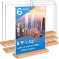 Kersally Acrylic Sign Holder 8.5 x 11, 6 Pack Double-Sided Clear Table Display Stands with Wood Base,Vertical Acrylic Frame Menu Flyer Paper Holder for Stores, Restaurants, Hotels, Office, Show Fair