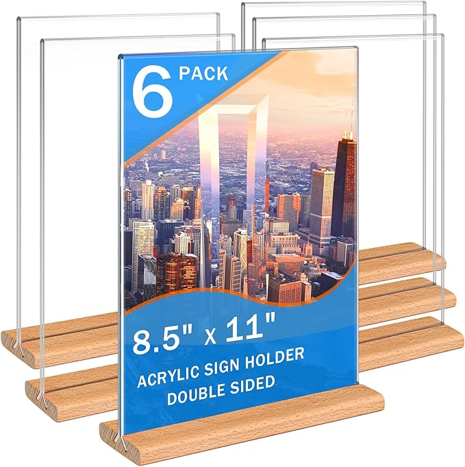 Kersally Acrylic Sign Holder 8.5 x 11, 6 Pack Double-Sided Clear Table Display Stands with Wood Base,Vertical Acrylic Frame Menu Flyer Paper Holder for Stores, Restaurants, Hotels, Office, Show Fair