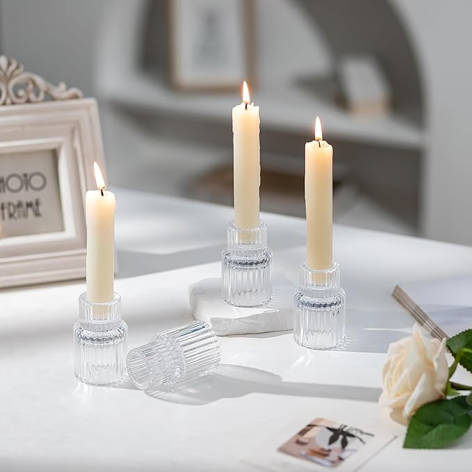 Romadedi Glass Candle Holder for Candlestick - 10Pcs Clear Small Tapered Candle Holder Wedding Decor Table Centerpiece Bulk for Candle Sticks Christmas Party Living Room Dinner Advent