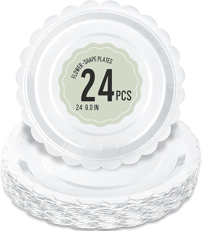 24 Pcs White Paper Plates 9 Inch Scalloped Dessert Plates - Disposable White Cake Plate - Baby Shower Birthday Party Wedding Bridal Party Supplies
