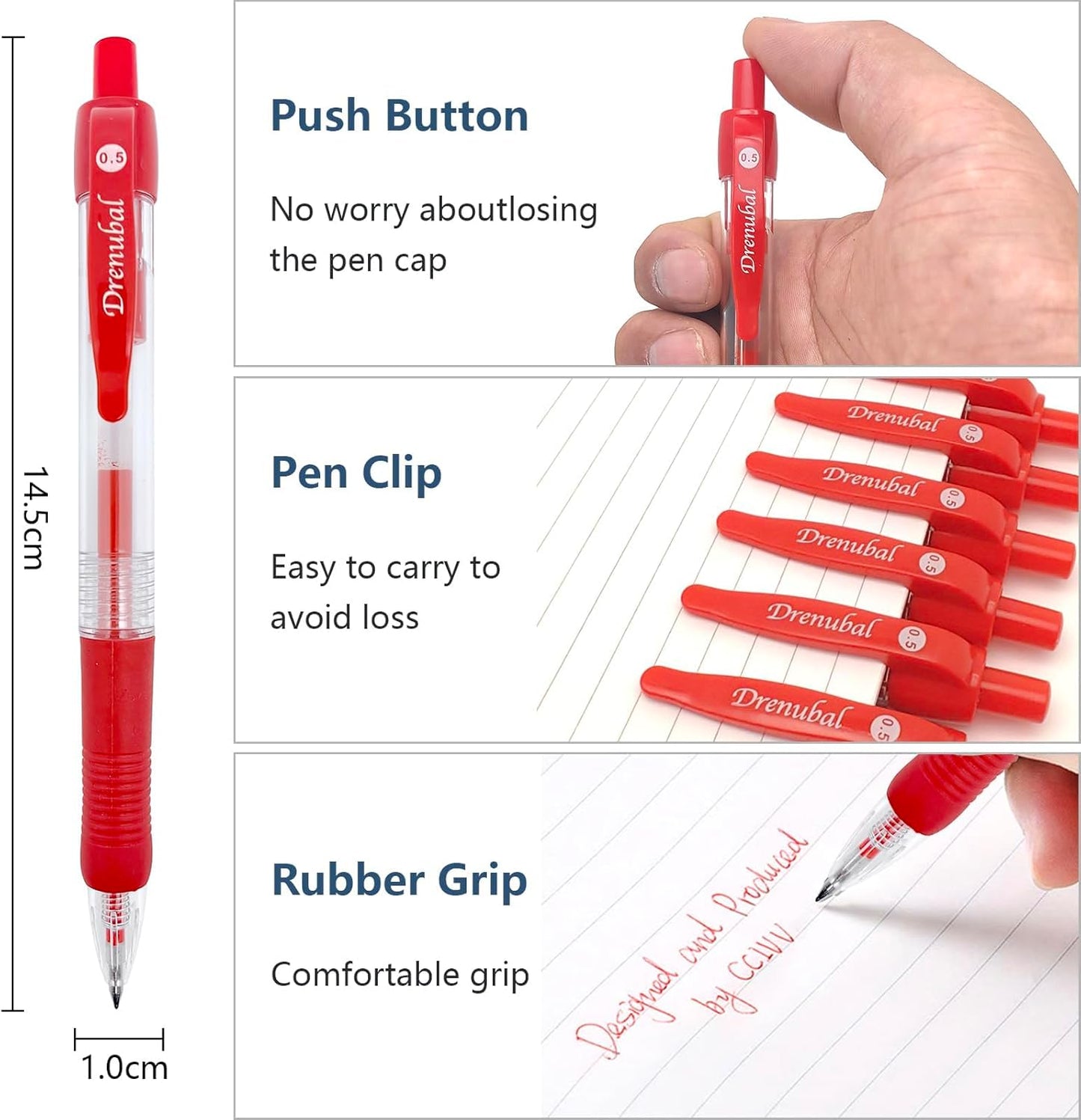 Red Ballpoint Pens with Rubber Grip，Fine(0.5mm) Point Retractable-Set of 48 Writing Pens for School Office