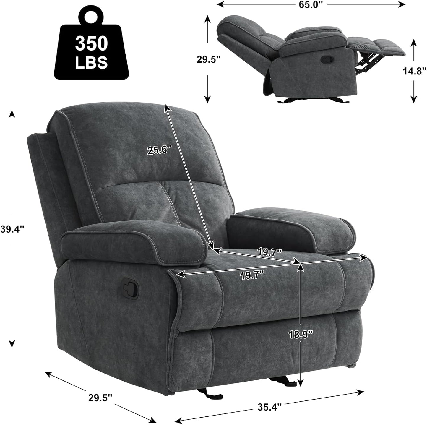 Rocker Recliner Chair for Adults, Manual Glider Chair for Nursery, Reclining Single Sofa Chair for Living Room, Upholstered Fabric Armchair, High Back, Deep Seat, Dark Grey