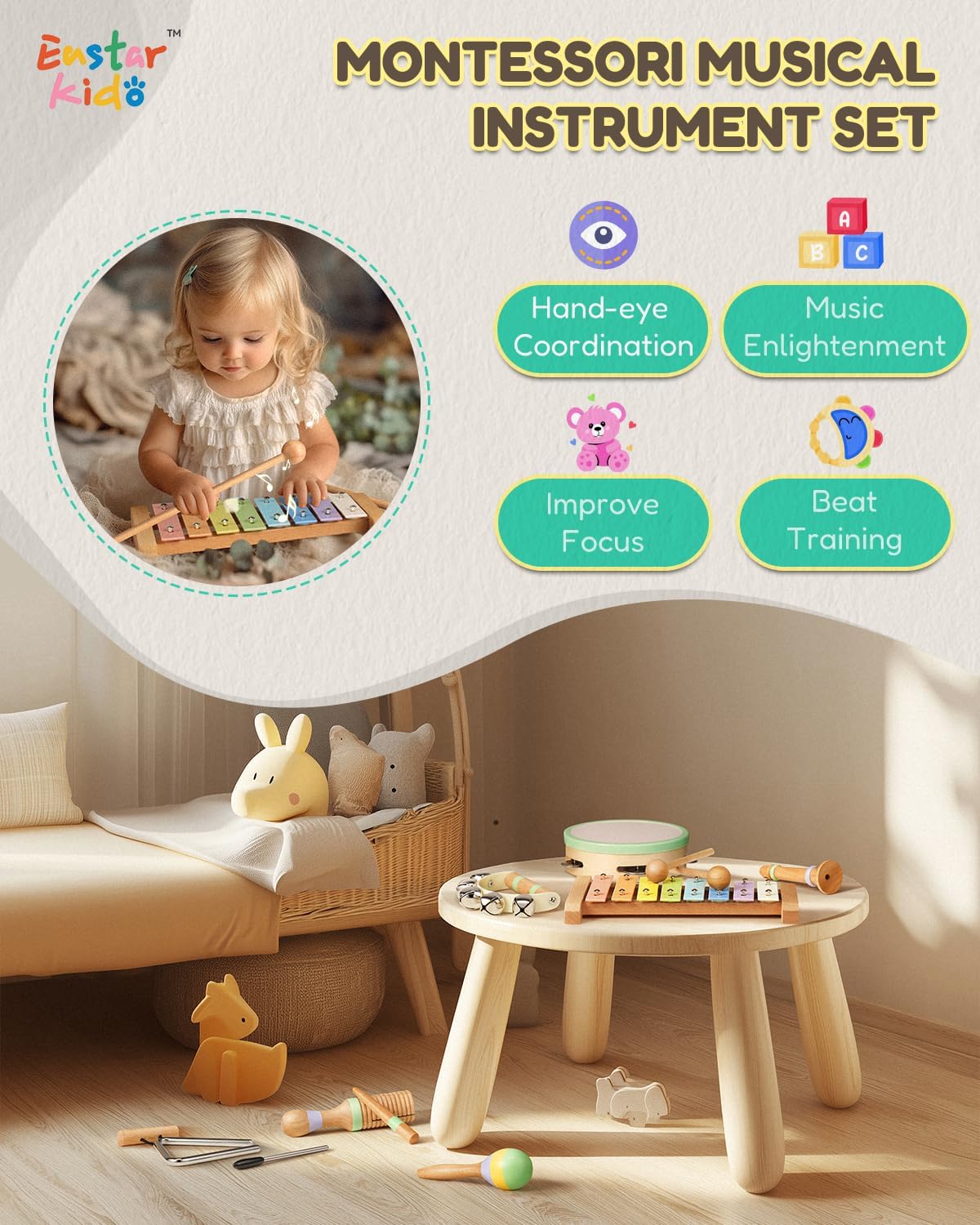 Montessori Musical Instruments for Toddlers, Wooden Musical Toys for Kids 3+, Eastar Kido Percussion Instruments Set for Boys Girls, Preschool Educational Toys with Storage Bag Christmas Birthday KW-1