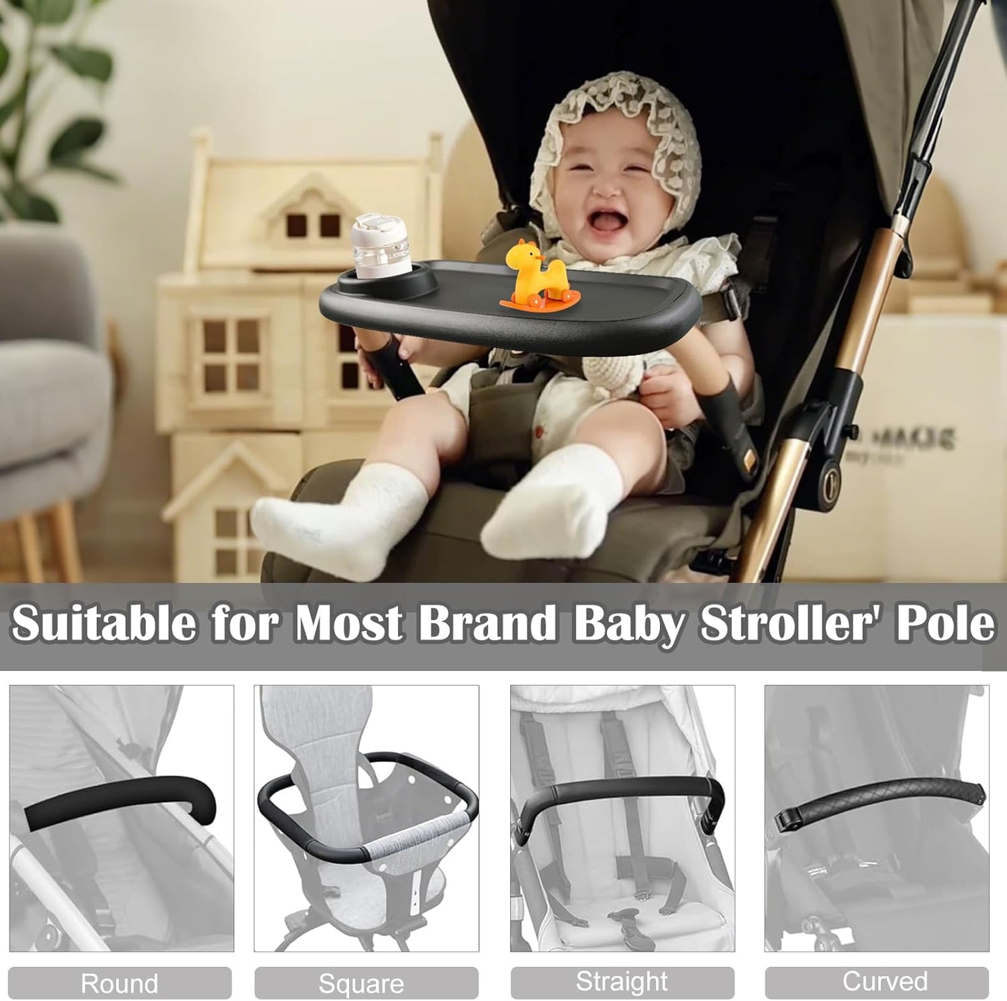 Wanateber Universal Stroller Snack Tray, Double-Layer Removable Stroller Snack Tray Attachment with Strollers Cup Holder, Non-Slip Snacks Holder for Strollers Accessories