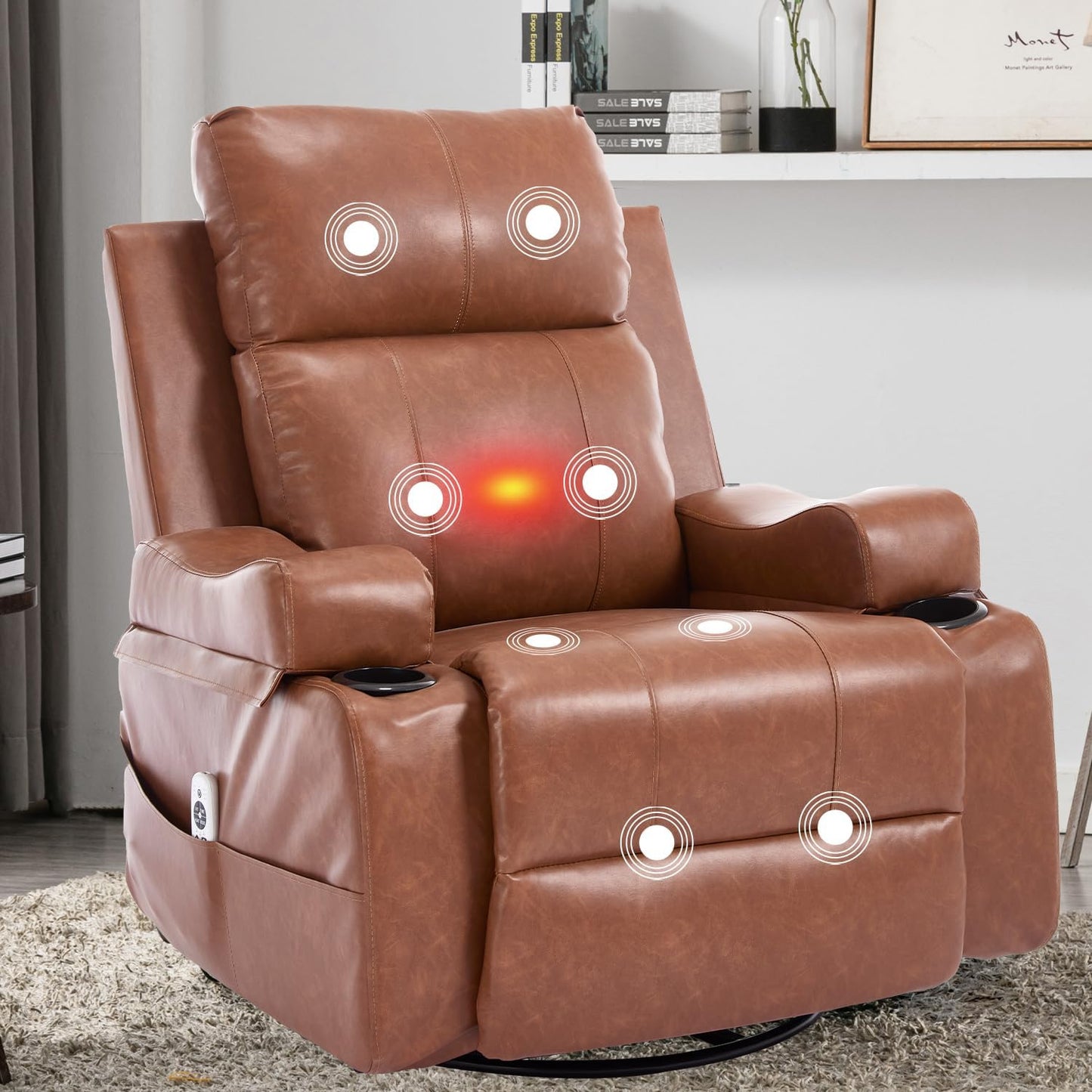 KCQ Electric Massage Recliner Chairs with Heat Overstuffed Faux Leather Power Rocking Reclining Chair with Cup Holders for Adults, Swivel Rocker Recliner Brown