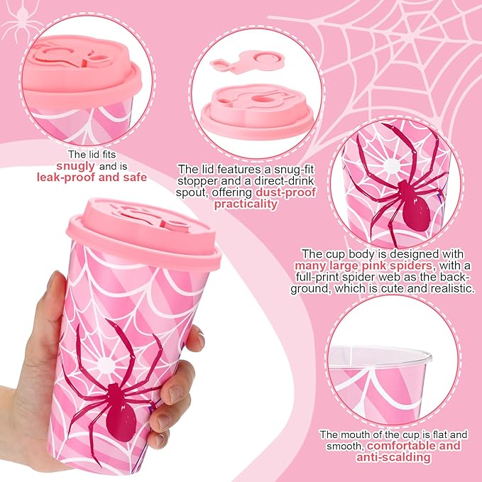 Yungyan 36 Sets Pink Spider Party Favors Goodie Cups with Lids and Straws for Halloween Party Decorations Reusable 16oz Plastic Candy Cups Plastic Straws for Birthday Gift (Pink Spider)