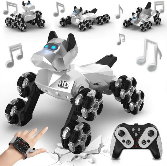 Remote Control Robot Dog Toy 2.4GHz 8WD All-Terrain Gesture Sensing Stunt RC Cars RTR Climbing Robot Dogs with Music Light Eyes 2 Rechargeable Batteries for 8-12 Boys Girl Kids