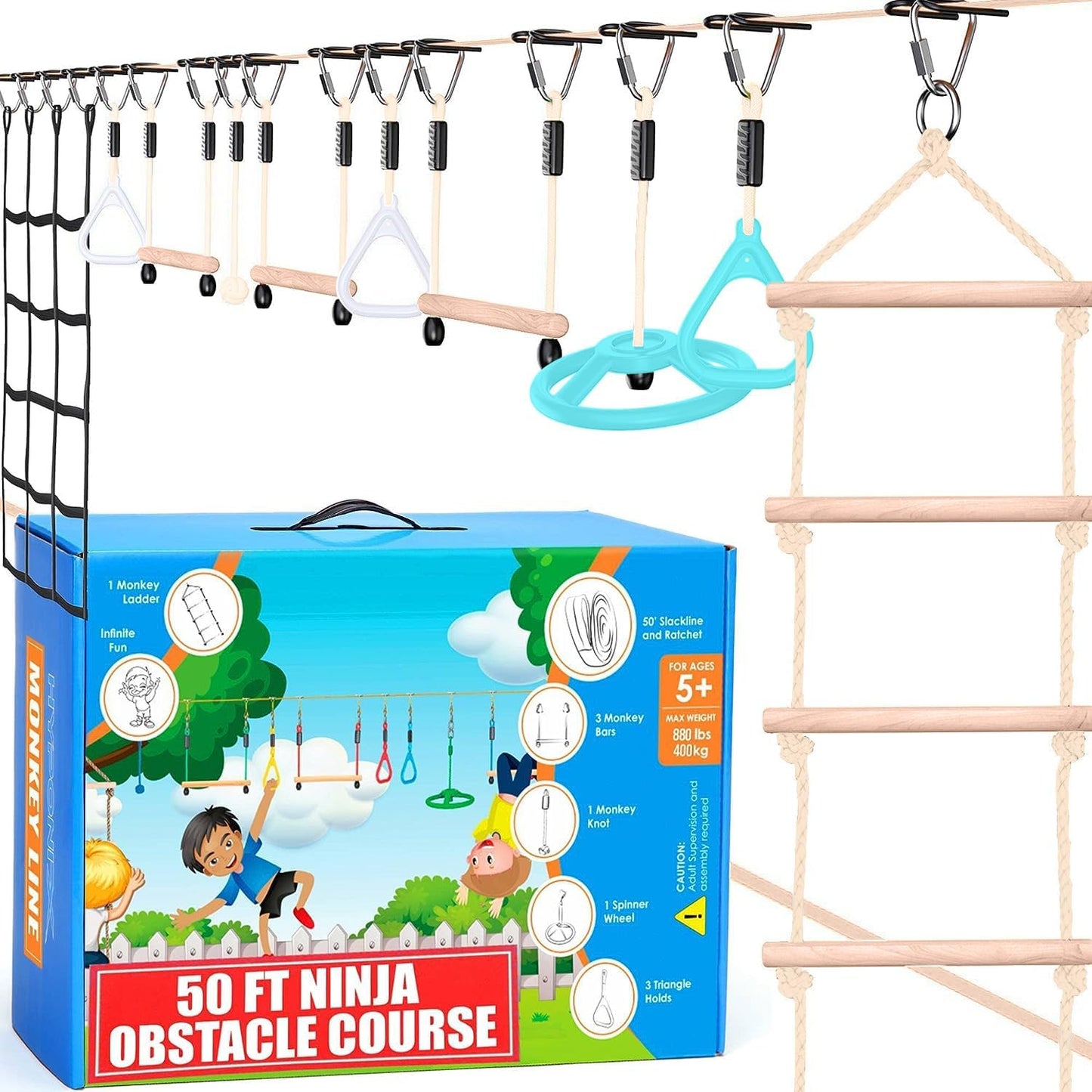 Ninja Warrior Obstacle Course for Kids – 2 x 50 ft Slacklines with 10 Weatherproof Obstacles – Monkey Net, Ratchet-Tight Technology, Supports Up to 880 lbs – Climbing & Swinging Equipment