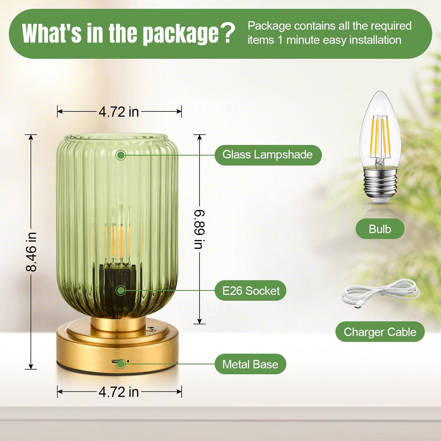 Small Table Lamp for Bedroom, Dimmable Cordless Lamp, Rechargeable Battery Operated Lamp with Green Glass Shade Touch Lamps for Night Stands, Living Room, Desk, Bulb Included