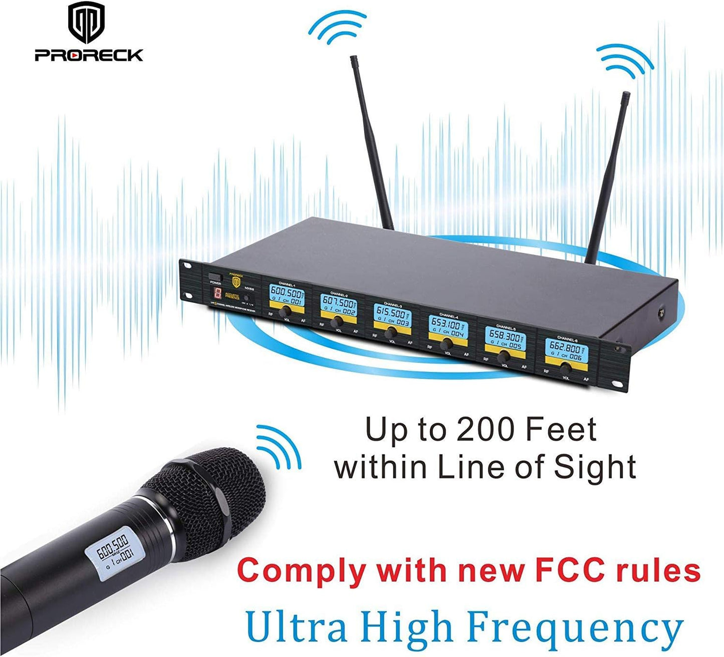PRORECK MX66 6-Channel UHF Wireless Microphone System with 6 Hand-held Microphones Karaoke Machine for Party/Wedding/Church/Conference/Speech